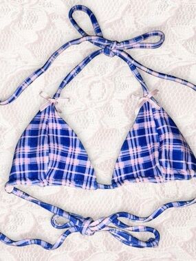 Frankie's Bikinis x Gigi Hadid Blue and Pink Plaid Triangle Bikini Top